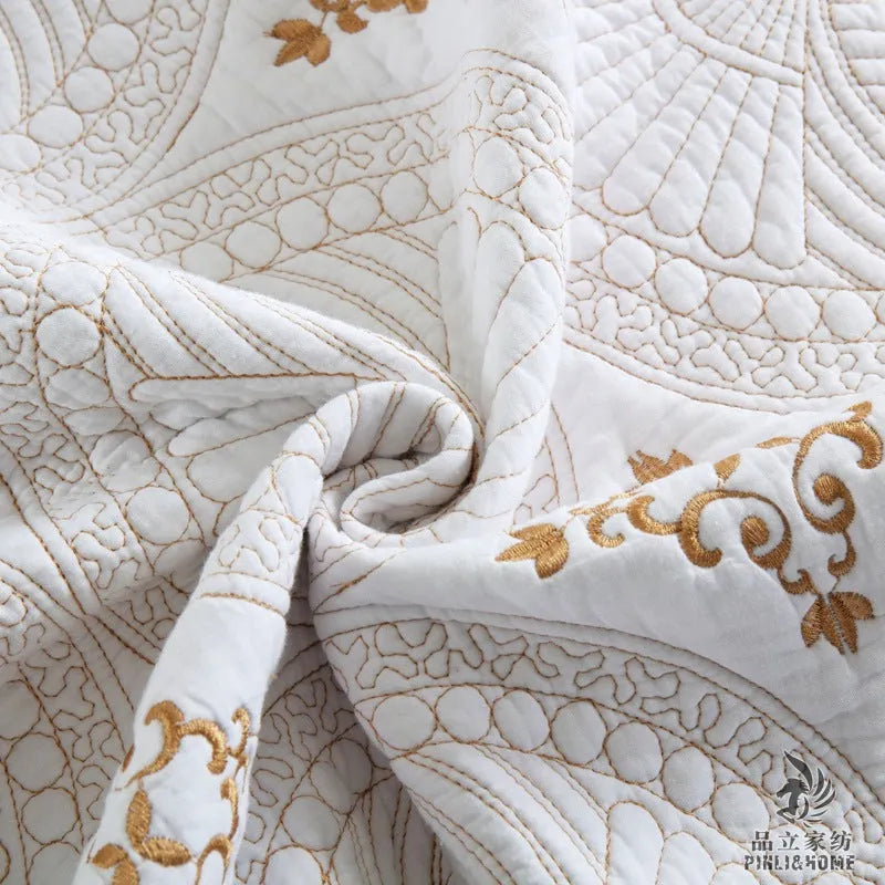 Pure cotton embroidered bed cover three-piece set with European-style detailing