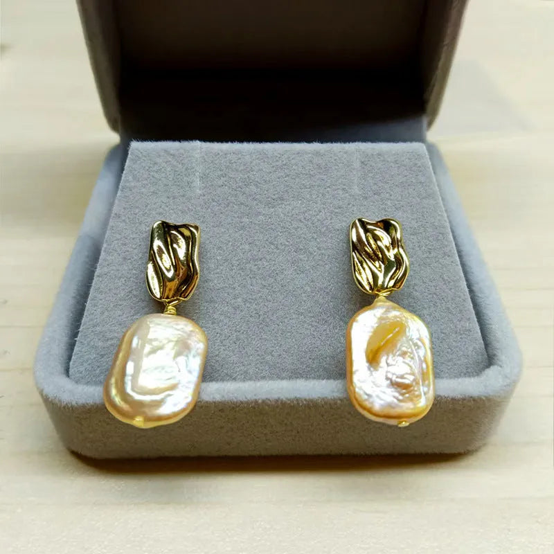Natural freshwater pearl square stud earrings retro geometric design alloy setting purple white pink yellow women earrings