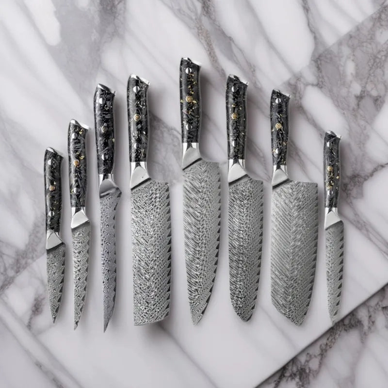 Damascus pattern chef knife set with 8 different blades including kitchen, Japanese, boning, utility, steak and fruit knives