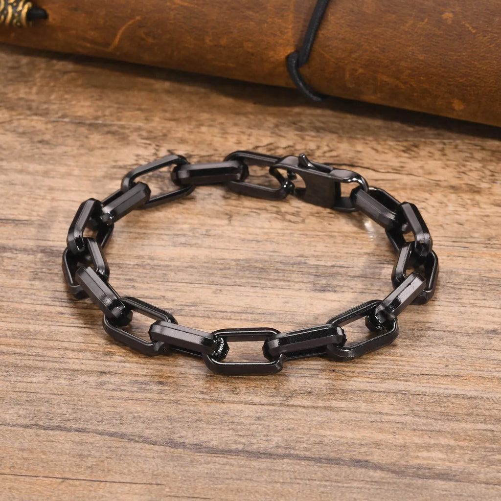 Men's square chain link titanium steel bracelet in electroplated finish options.