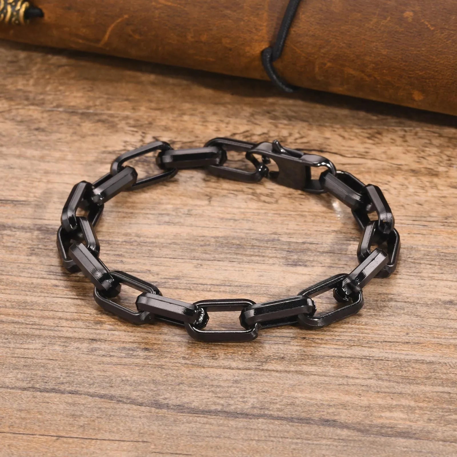 Men's square chain link titanium steel bracelet in electroplated finish options.