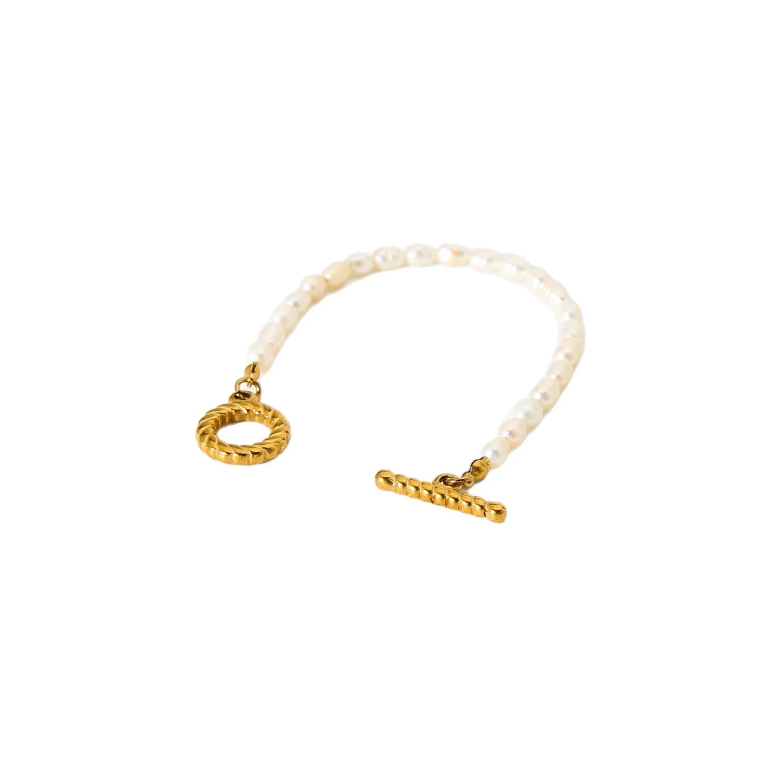 Freshwater pearl necklace and bracelet set on stainless steel clavicle chain geometric design ins style
