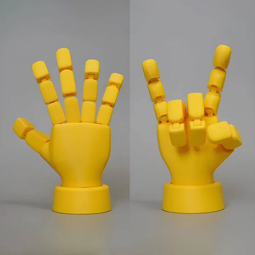 Yellow PLA movable joint hand props ornament with articulated fingers on white background