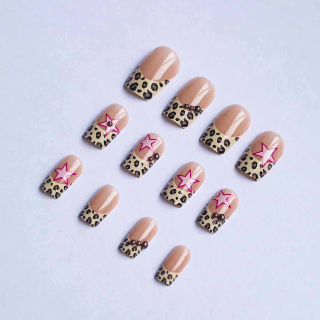 Wear Armor French leopard print five-pointed star with pearl diamond wear manicure strips in Jelly Glue Style