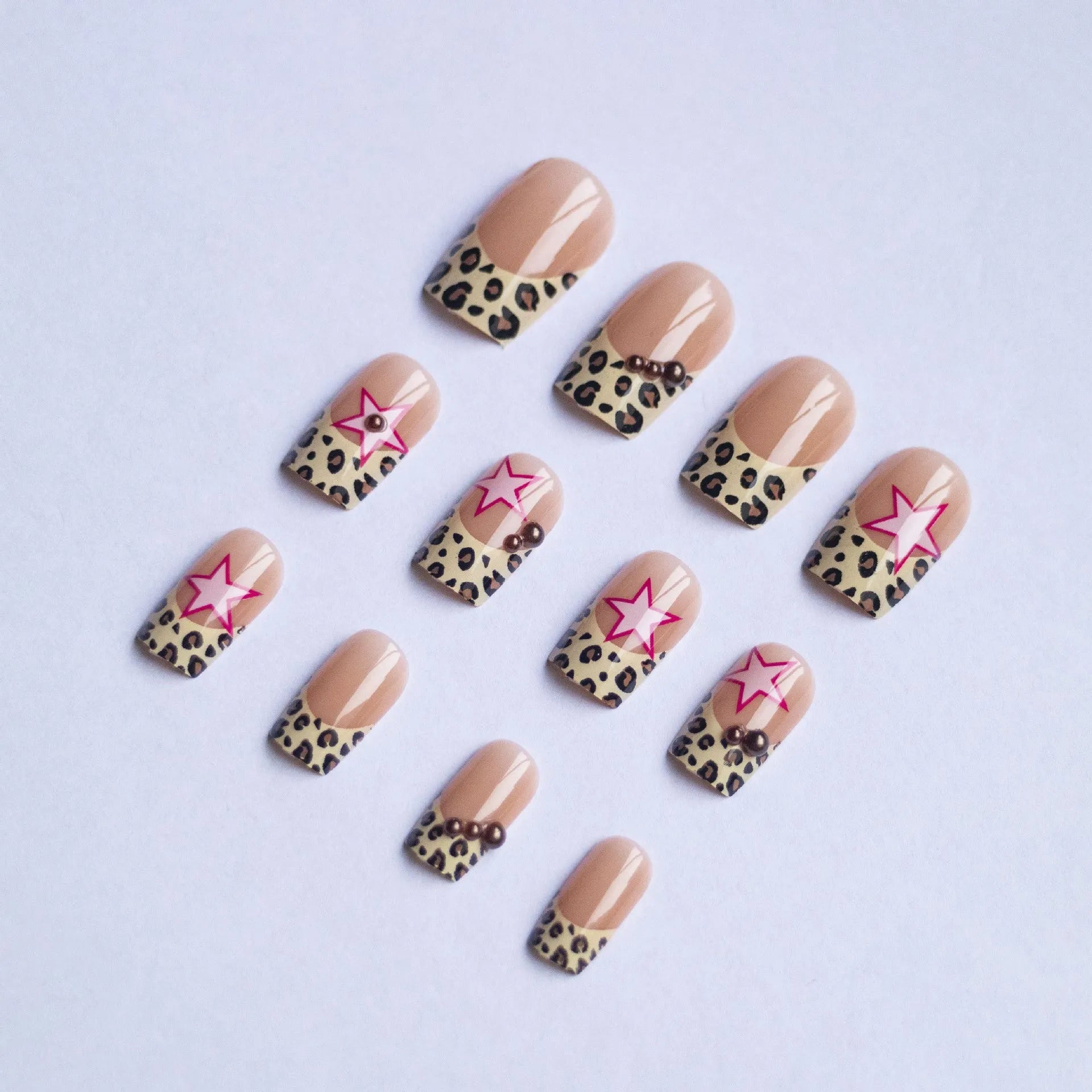 Wear Armor French leopard print five-pointed star with pearl diamond wear manicure strips in Jelly Glue Style