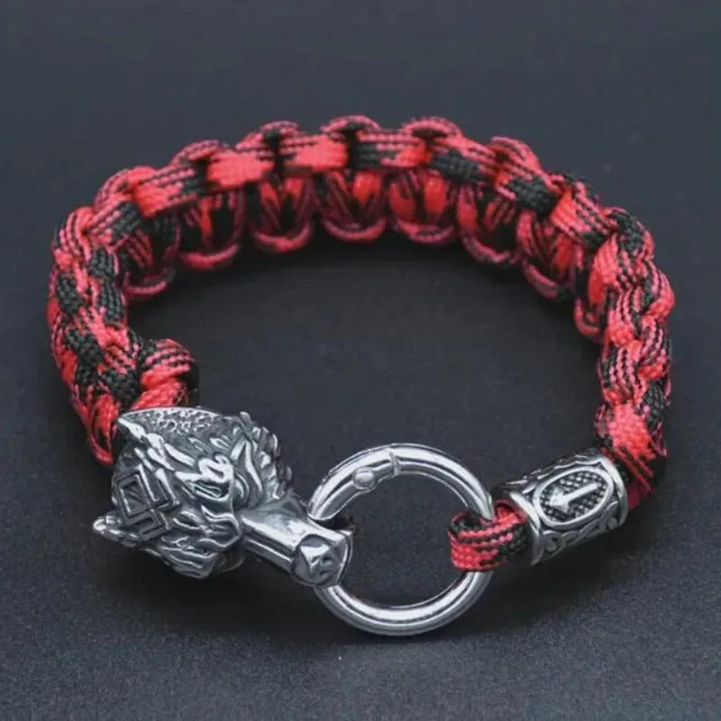 Handmade stainless steel wolf head bracelet with Luen character in camouflage colour.