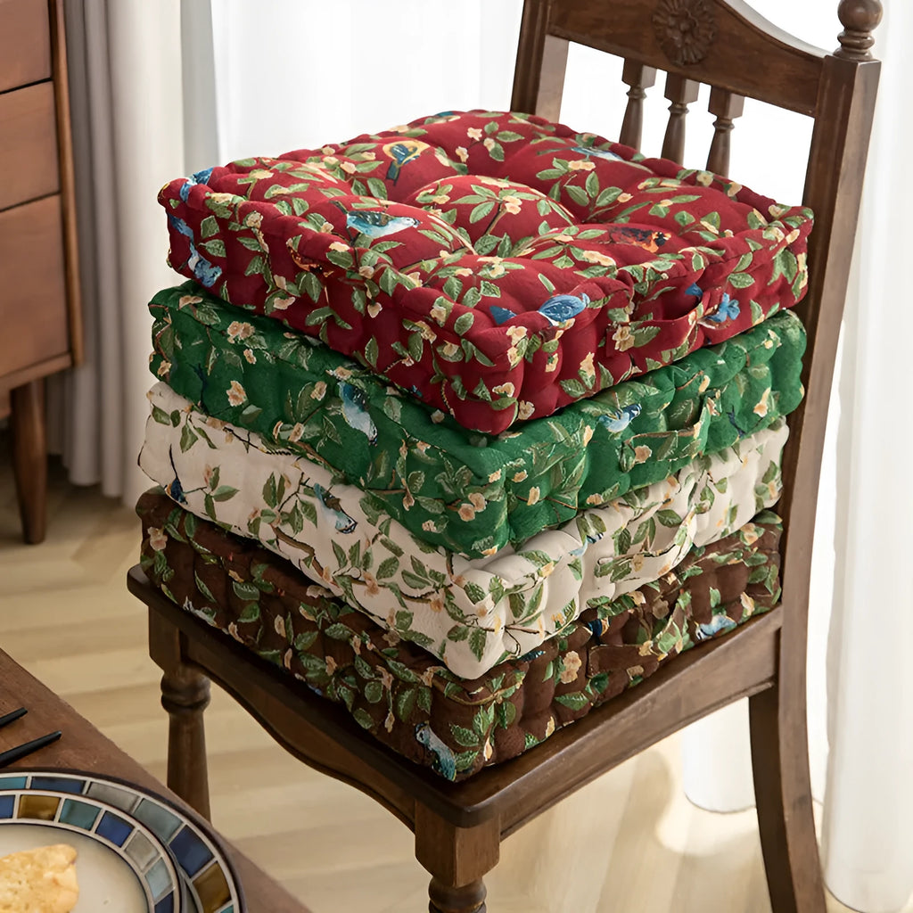 American style square dining chair cushion with thick padding in floral apricot and solid colour options.