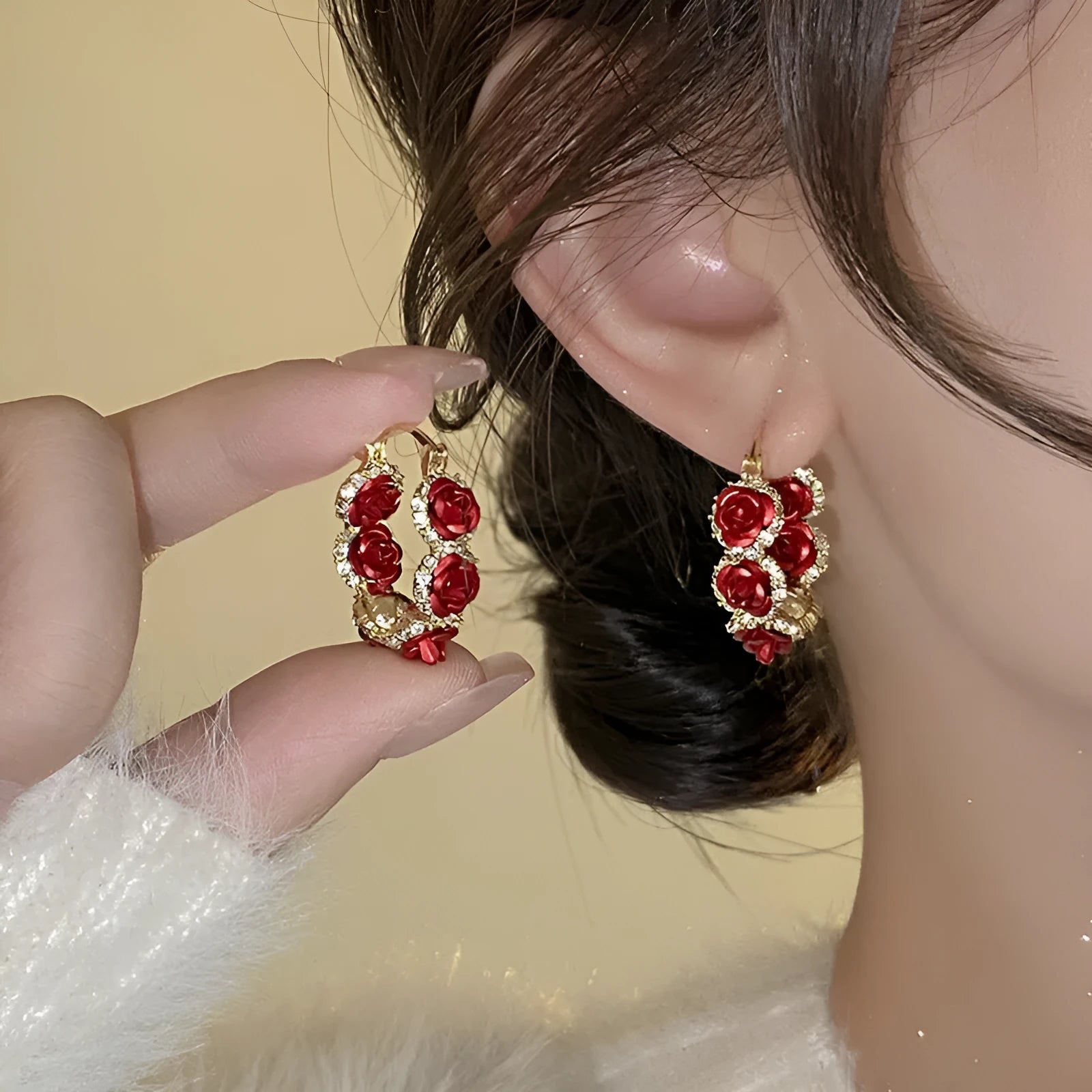 Red alloy rose-shaped clip-on earrings for women F155-A colour simple flower jewellery