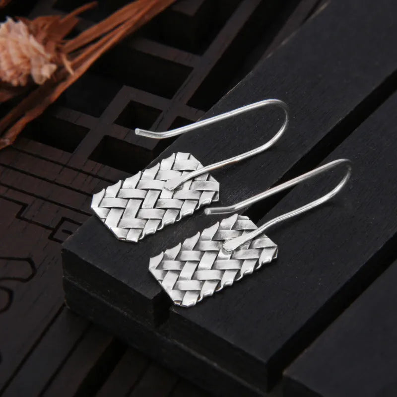Silver geometric woven diamond plaid earrings for women 17.5mm x 11mm