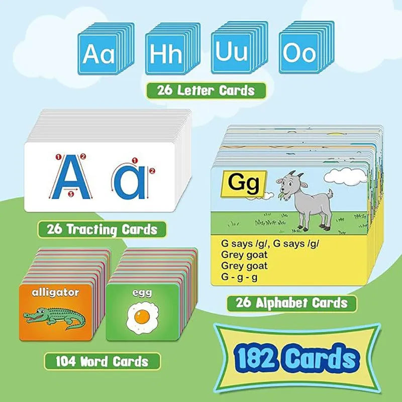 Alphabet learning chart with cards displayed on 60x40cm surface showing words letters pictures