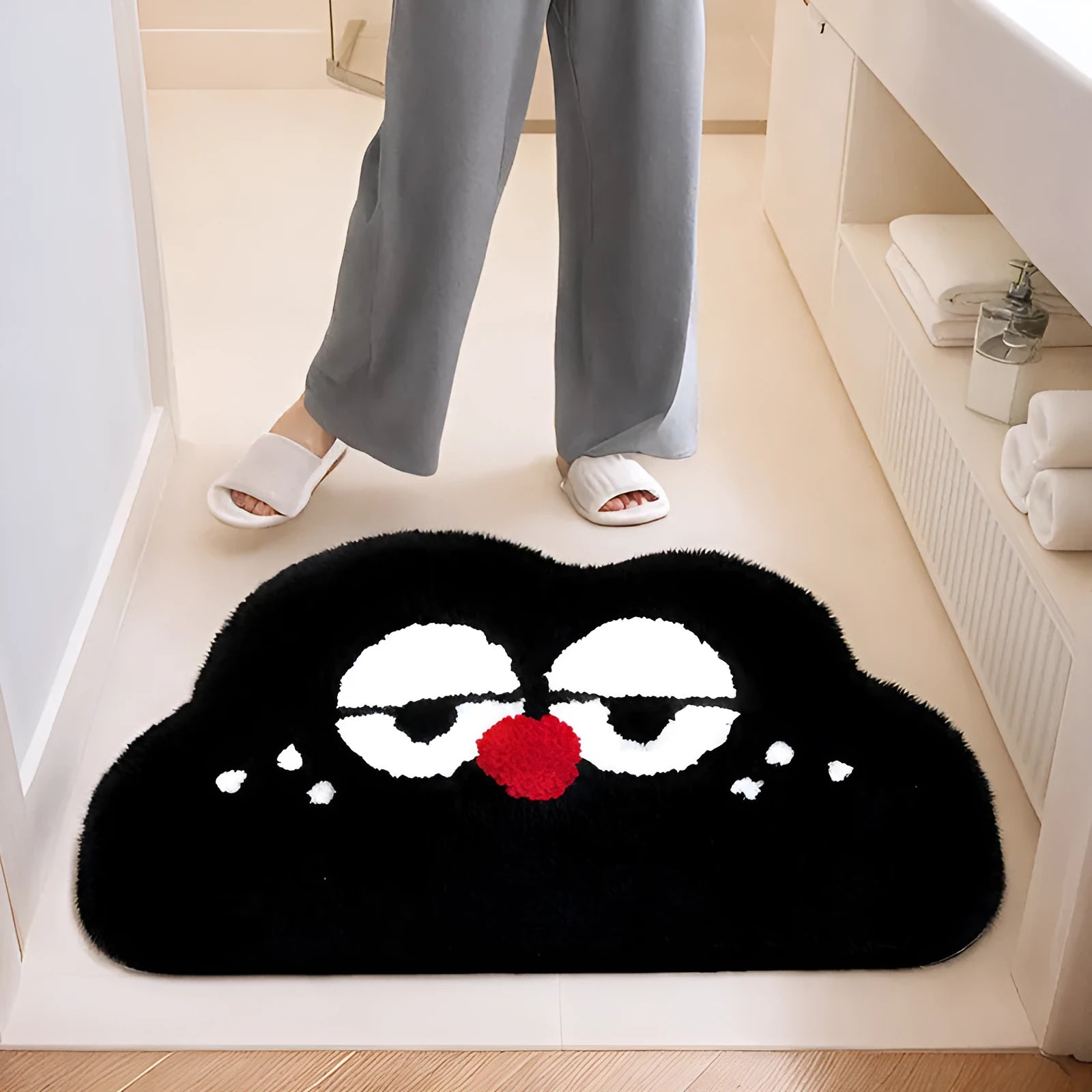Cartoon anime bathroom mat in polyester fibre with printed design, available in multiple colours and sizes