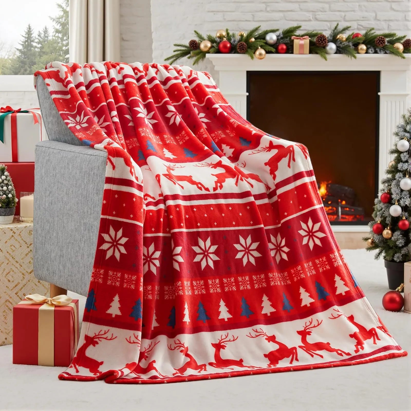American style soft plush flannel Christmas blanket in a choice of five colours, showing its texture.