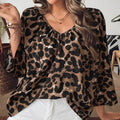 Women's leopard print V-neck half sleeve pullover top with pleated detailing
