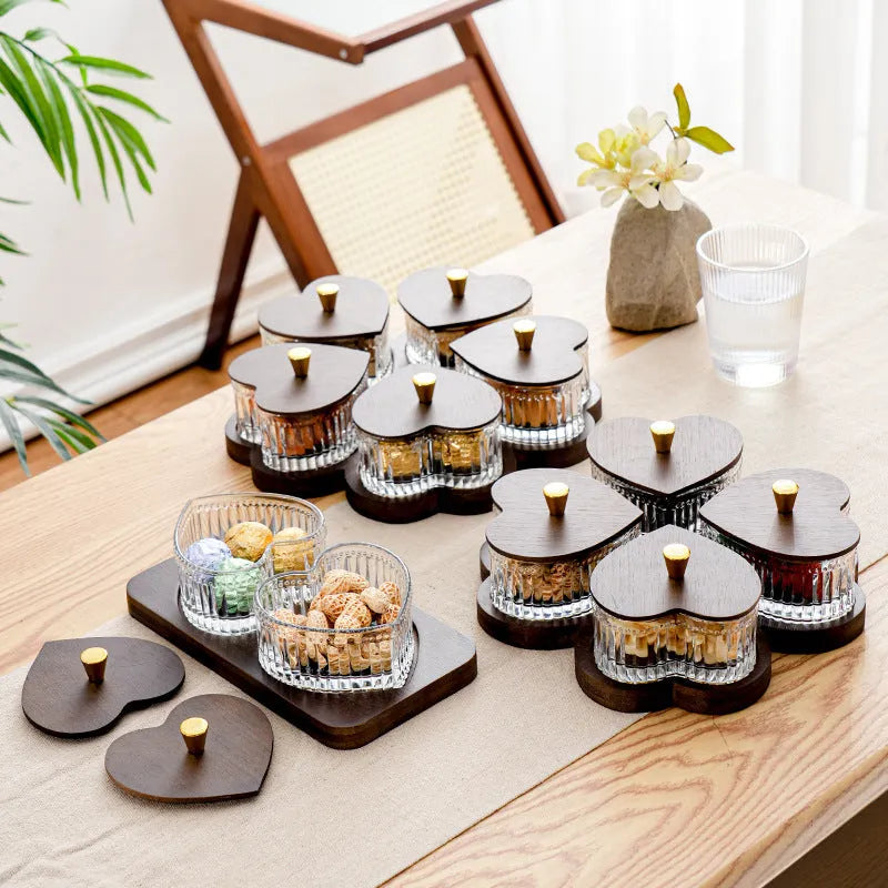 Glass snack serving platter with transparent heart-shaped lids in 2 3 4 5 grid compartment configurations