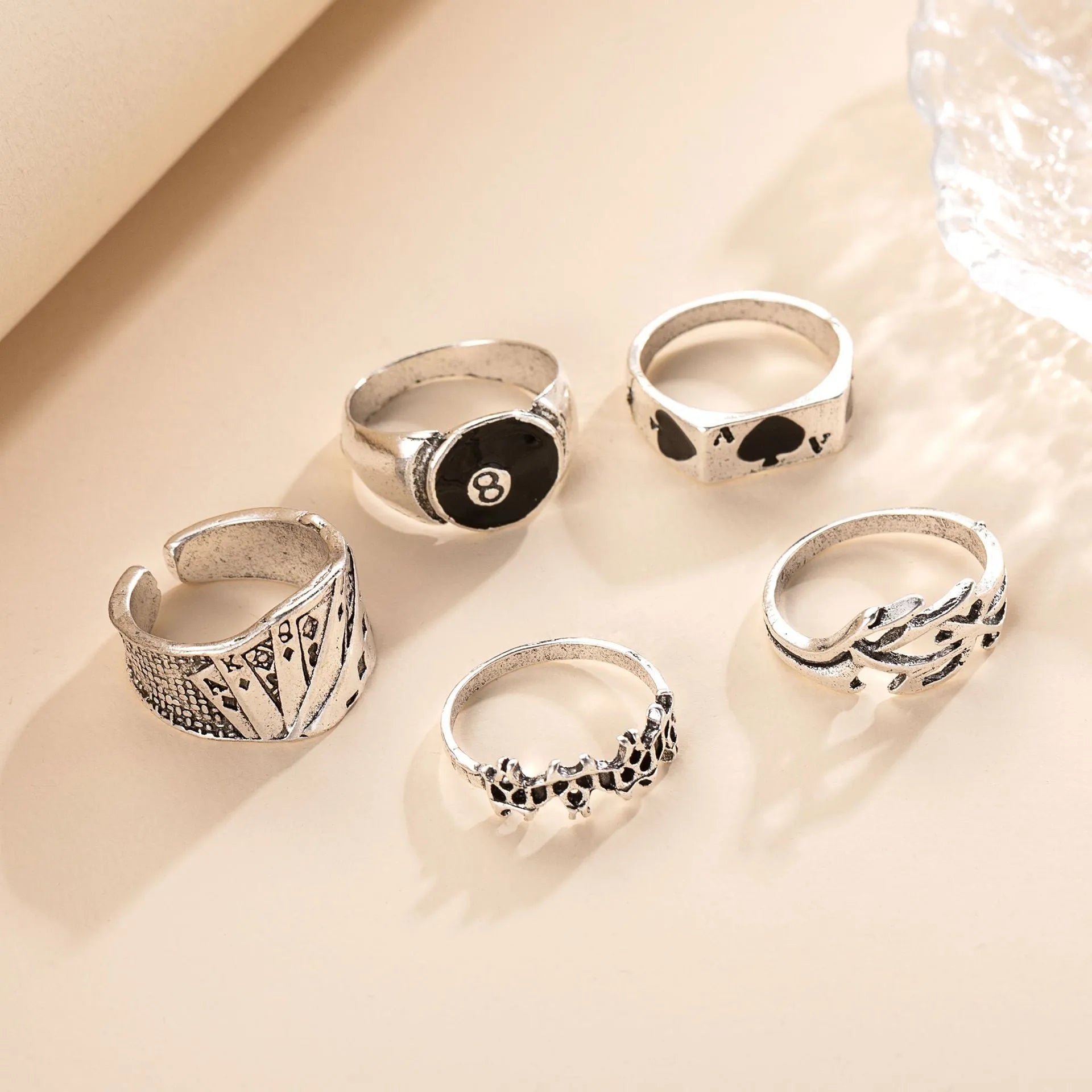 Black adjustable alloy ring with detailed retro spade card design for women