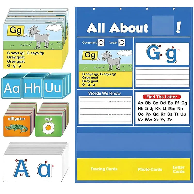 Alphabet learning chart with cards displayed on 60x40cm surface showing words letters pictures