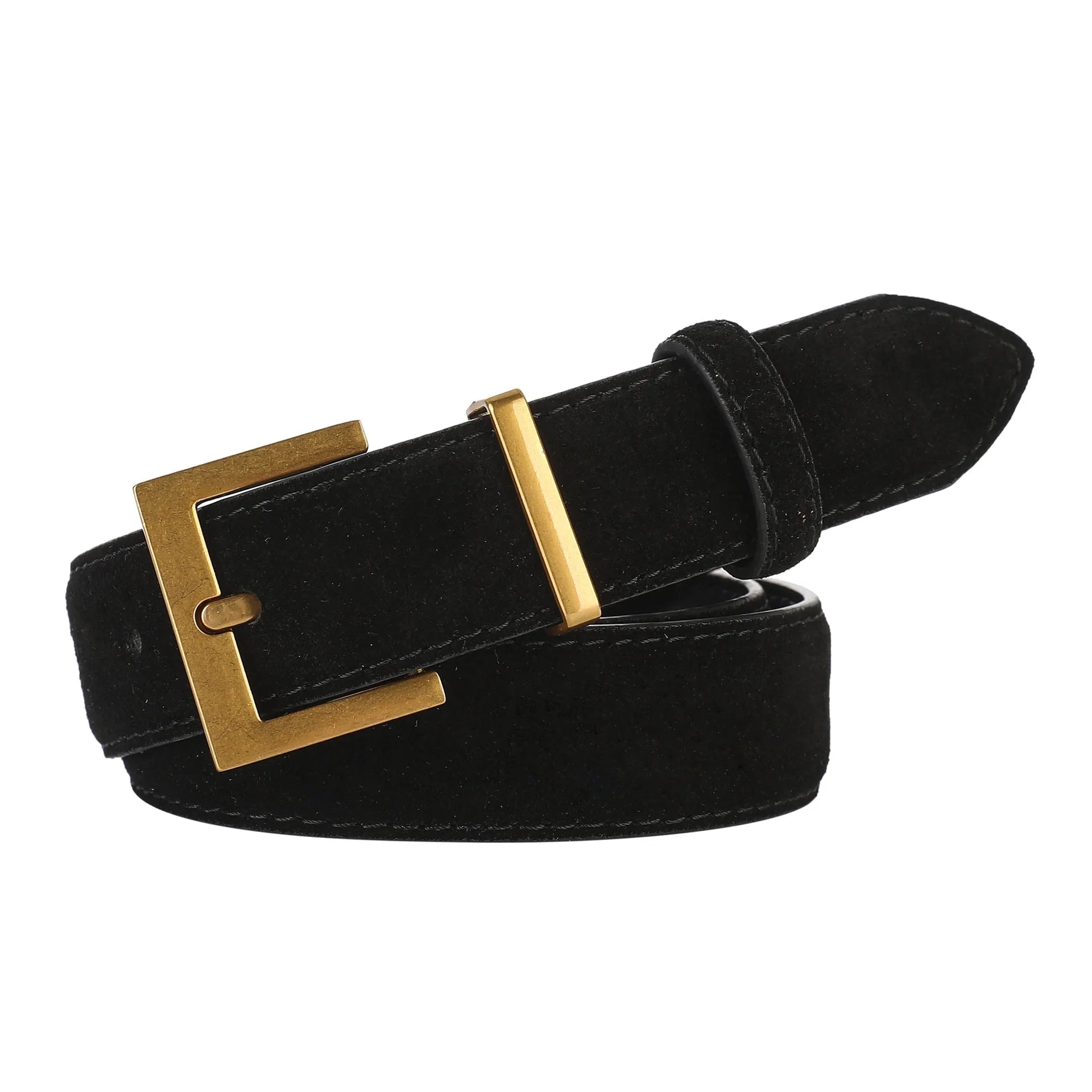 Ladies black genuine leather belt with a silver-toned quadrilateral alloy pin buckle laid flat.