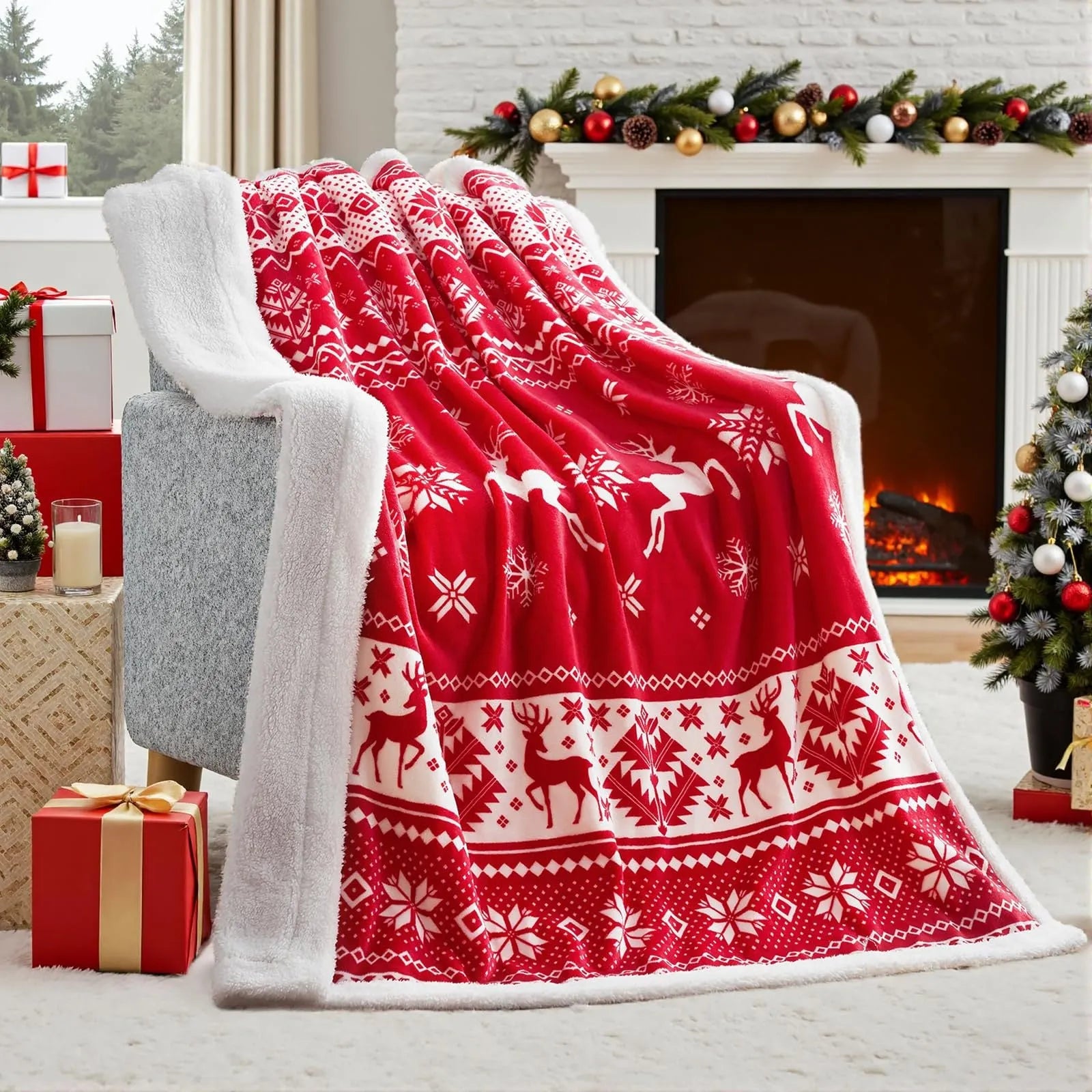 American style soft plush flannel Christmas blanket in a choice of five colours, showing its texture.