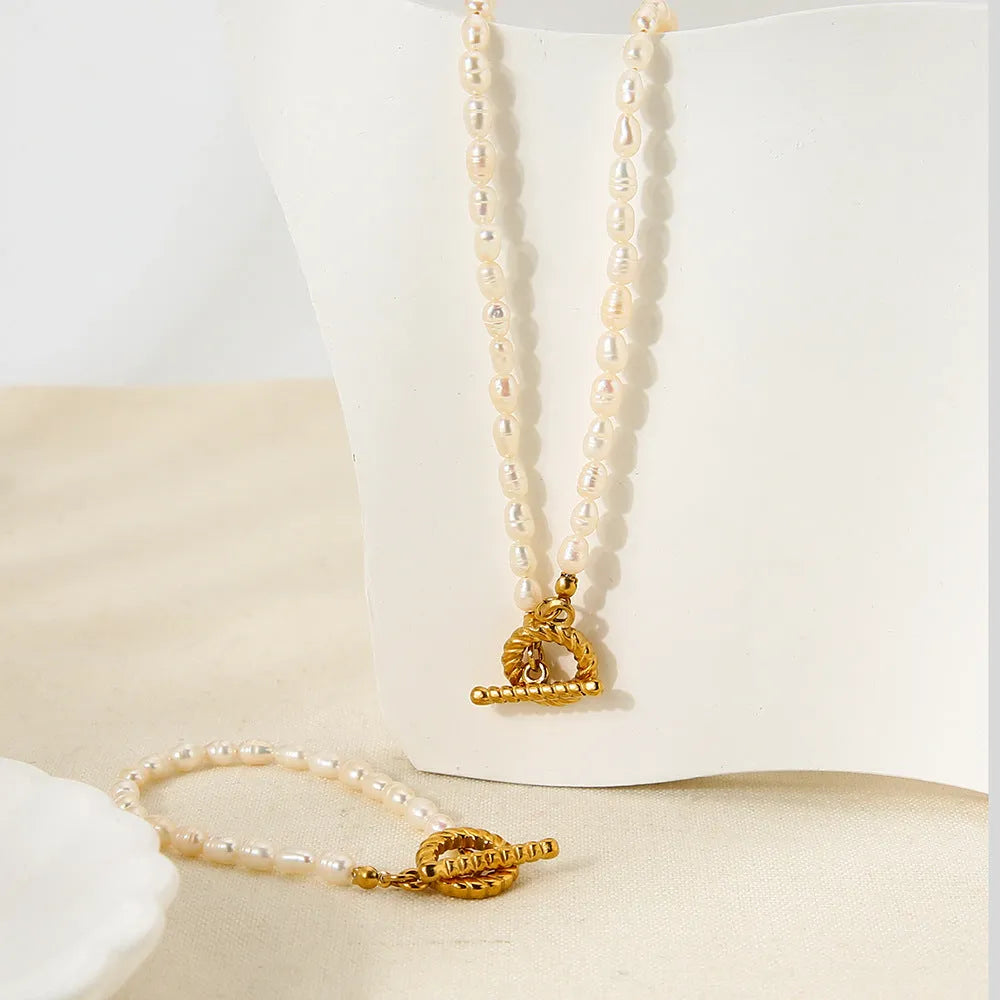 Freshwater pearl necklace and bracelet set on stainless steel clavicle chain geometric design ins style