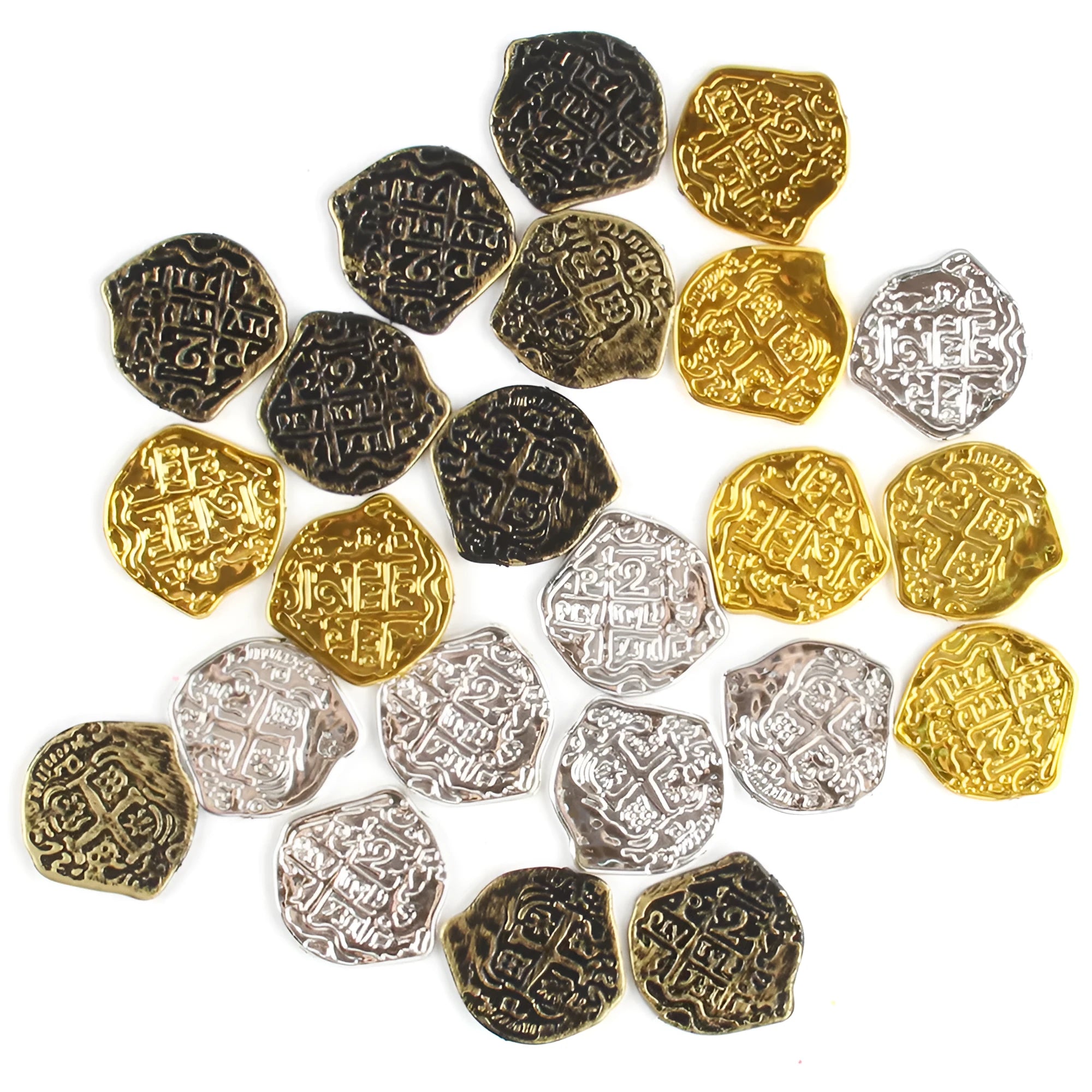 Set of 100 plastic Roman pirate coin replicas with electroplated bronze, gold, or silver metallic finish