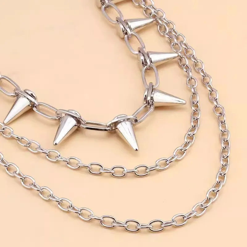 Silver metal pants chain with double-layer chain links and rivet decorations, 115cm length