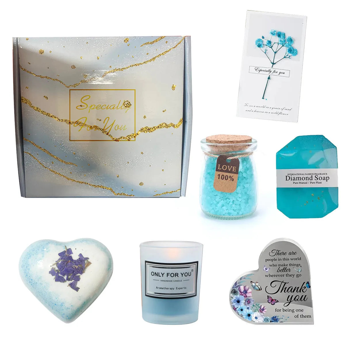 Aromatherapy gift box containing soy wax candles and bath products in modern simplicity design.