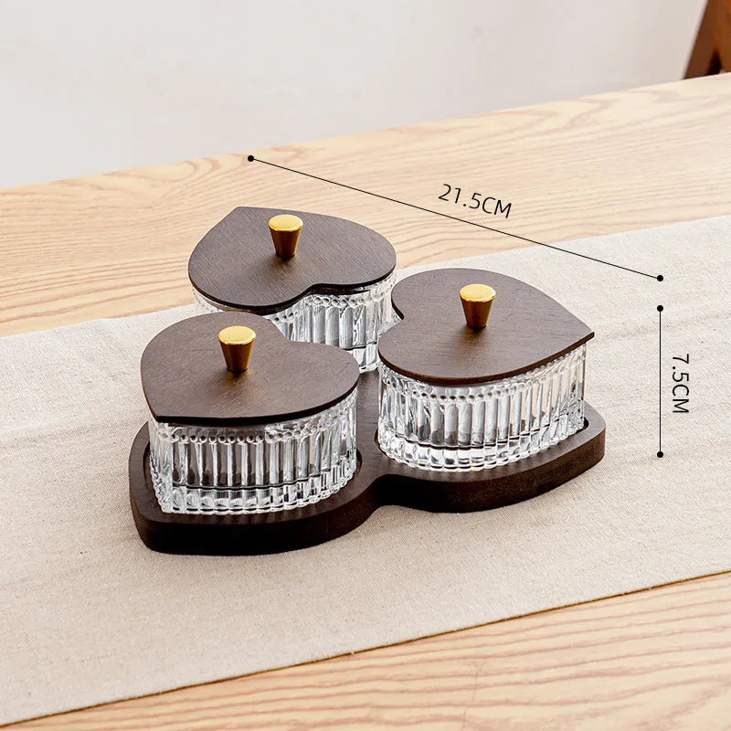 Glass snack serving platter with transparent heart-shaped lids in 2 3 4 5 grid compartment configurations