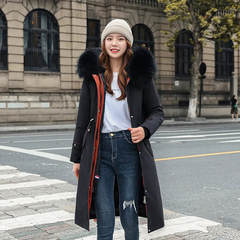 Women's long beige trench coat with down cotton filler and fleece fabric, 100cm length.
