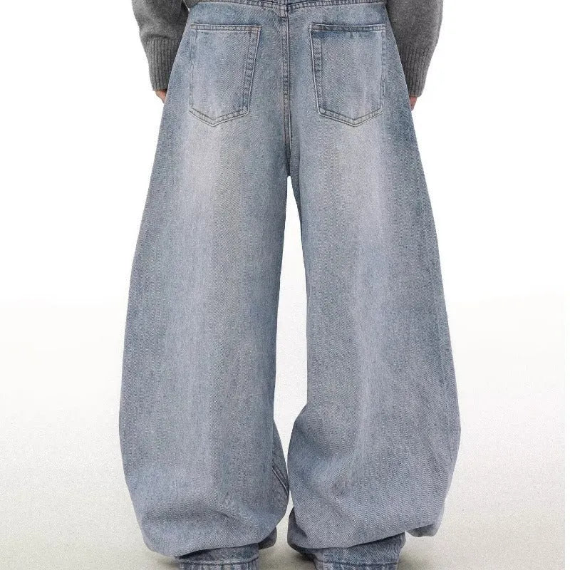Retro washed distressed straight jeans for men in blue, mid waist cotton denim trousers with zipper fly
