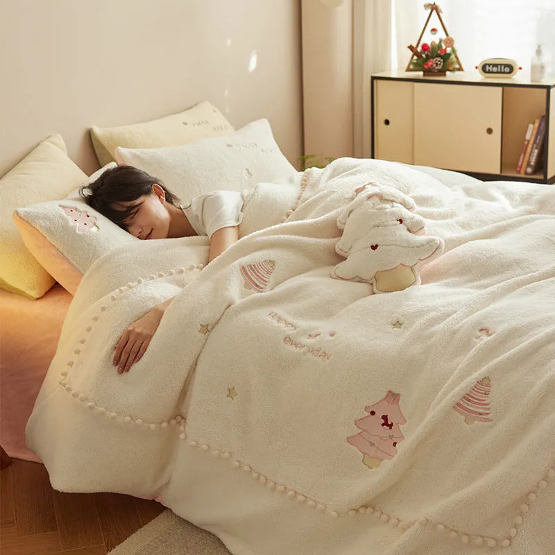 Princess style milk fibre bedding set with reactive printed Christmas tree pattern on quilt cover