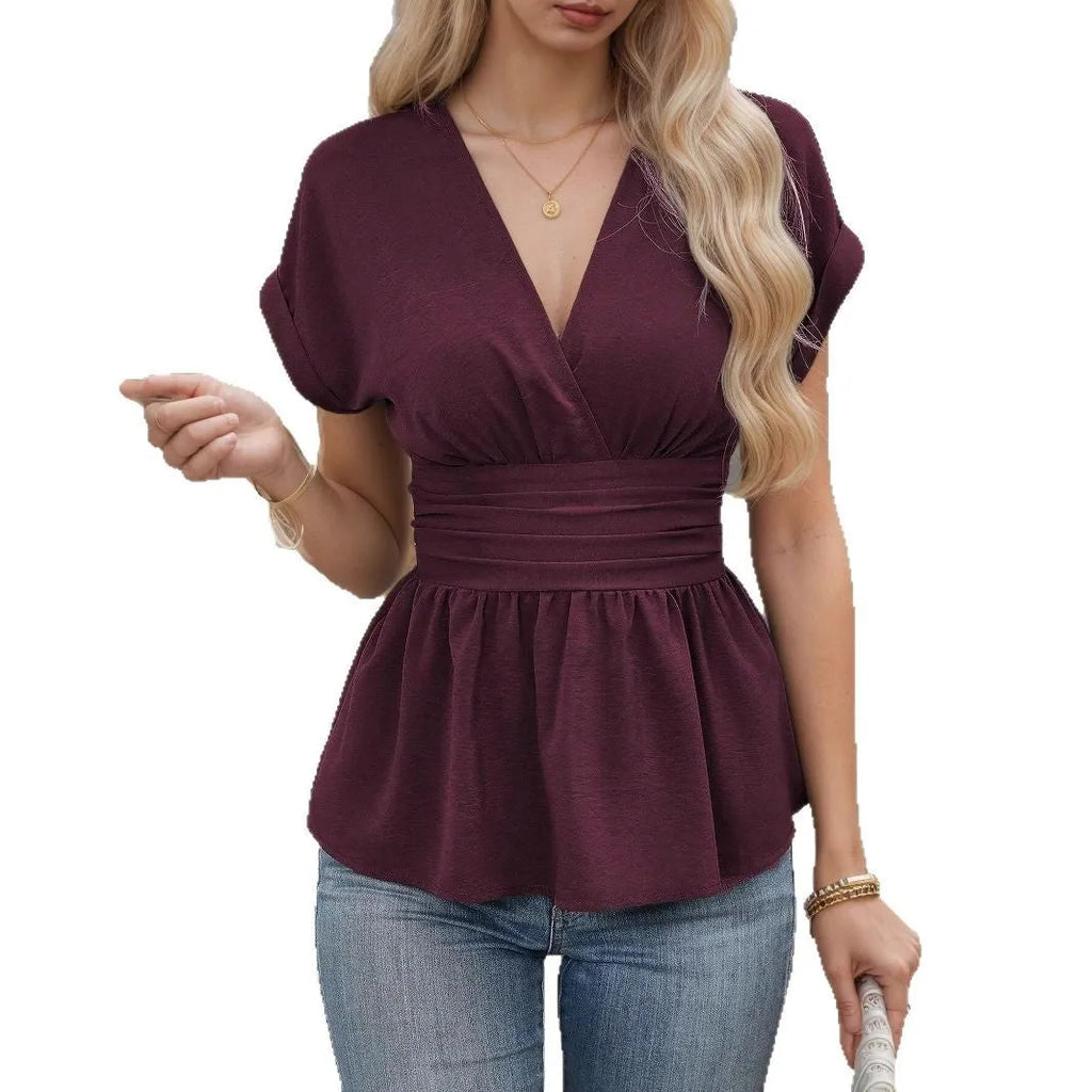 Women's solid colour V-neck pleated waist tight shirt top in polyester, short sleeves, slim fit, available in Black, Apricot, Army Green, Dark Blue, Wine Red