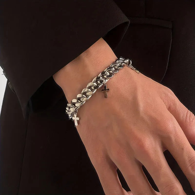 Men's titanium steel bracelet with cross design and geometric cold wind style details