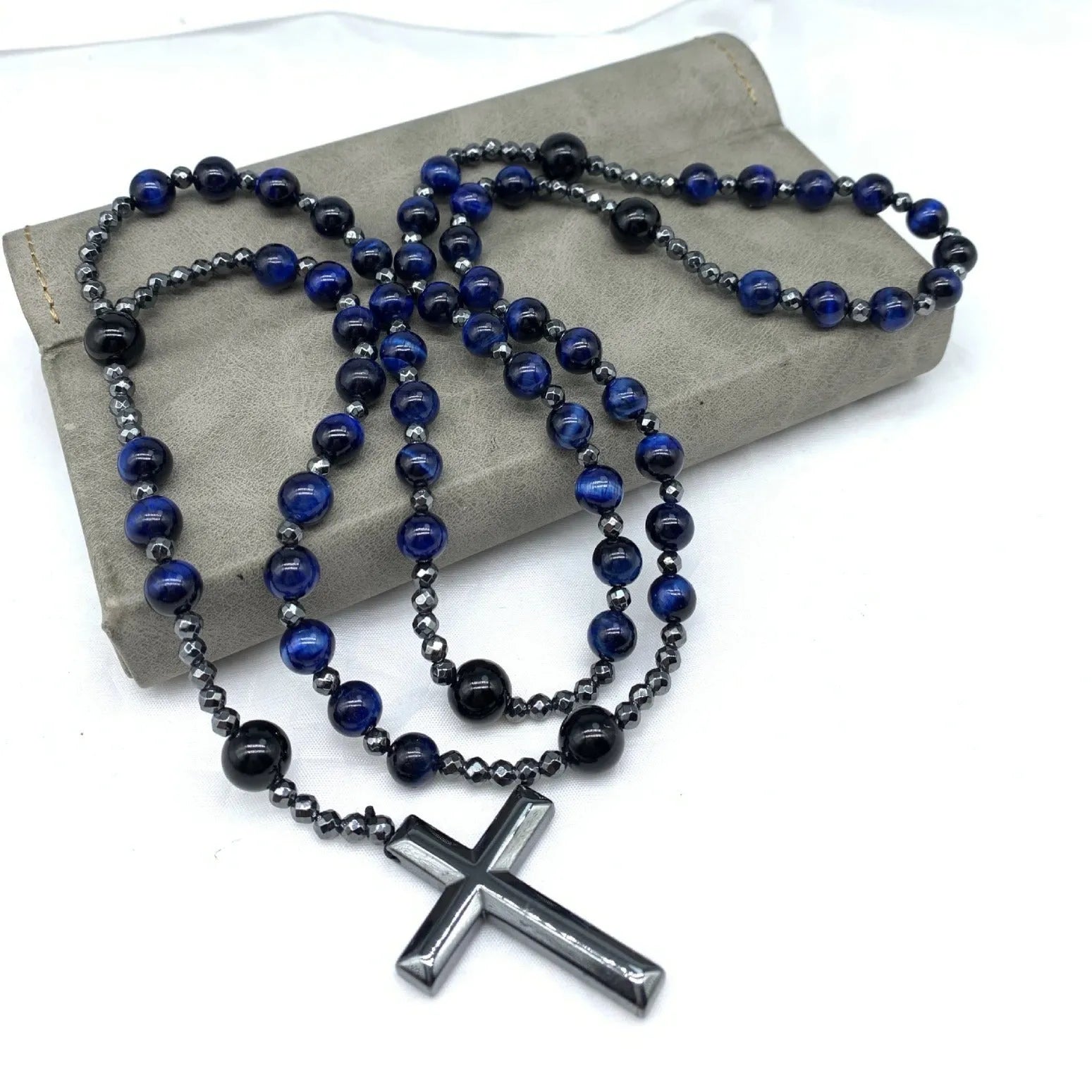 Men's stone cross pendant necklace on an 80cm ball bead chain with safety lock.