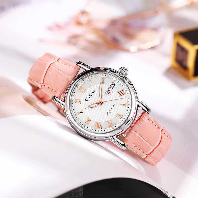 Women's automatic mechanical fashion watch with steel bracelet and leather strap options