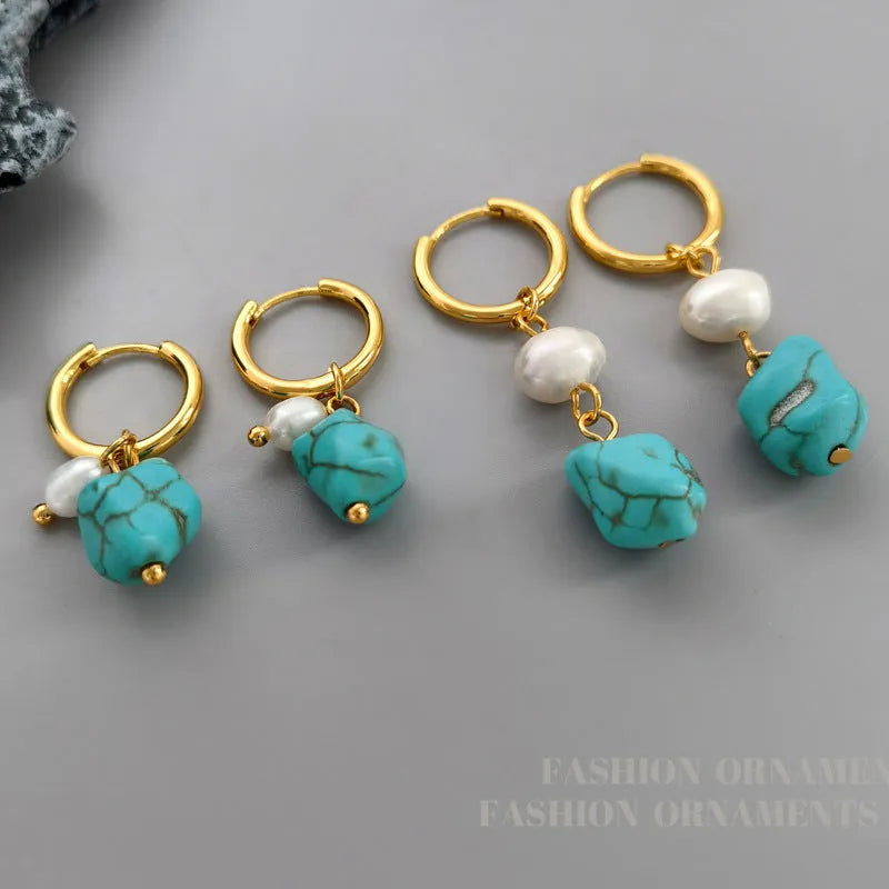 Geometric copper earring set with turquoise stones and cultured pearls, showing both clip and dangle styles
