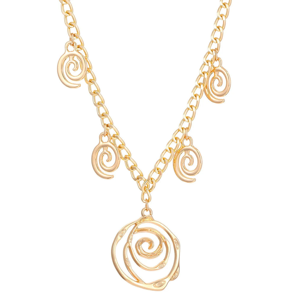 Women's spiral donut jewellery set showing matching gold necklace, bracelet, and earrings with geometric circle design