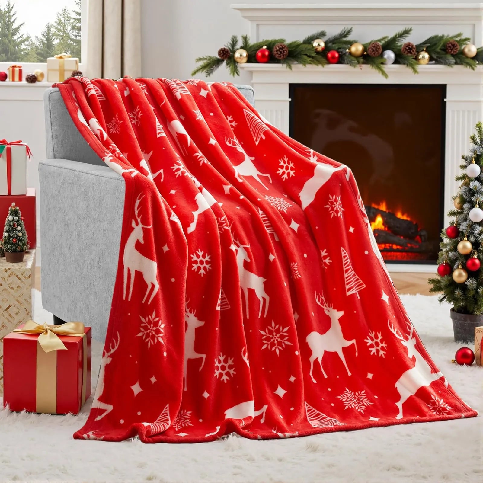 American style soft plush flannel Christmas blanket in a choice of five colours, showing its texture.