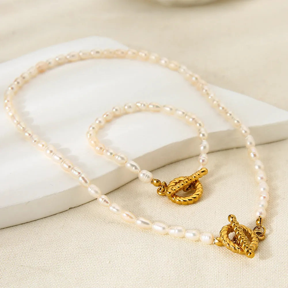 Freshwater pearl necklace and bracelet set on stainless steel clavicle chain geometric design ins style