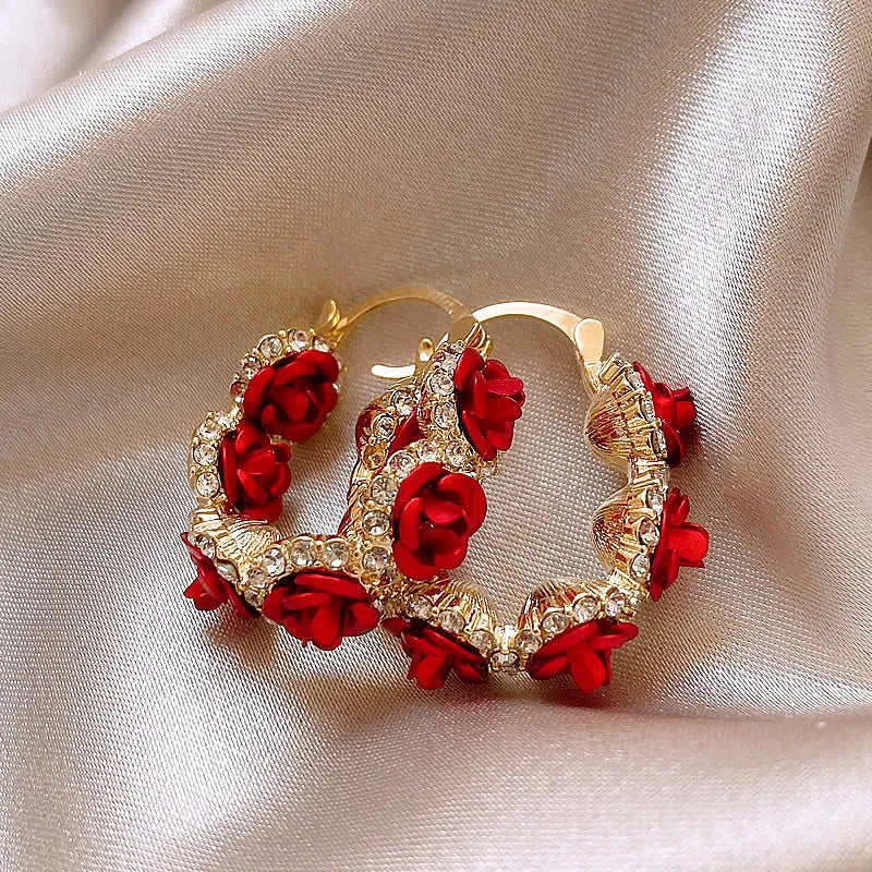 Red alloy rose-shaped clip-on earrings for women F155-A colour simple flower jewellery