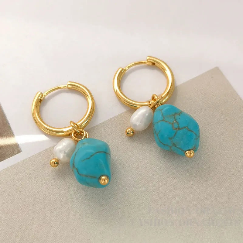 Geometric copper earring set with turquoise stones and cultured pearls, showing both clip and dangle styles