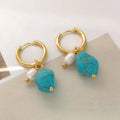 Geometric copper earring set with turquoise stones and cultured pearls, showing both clip and dangle styles