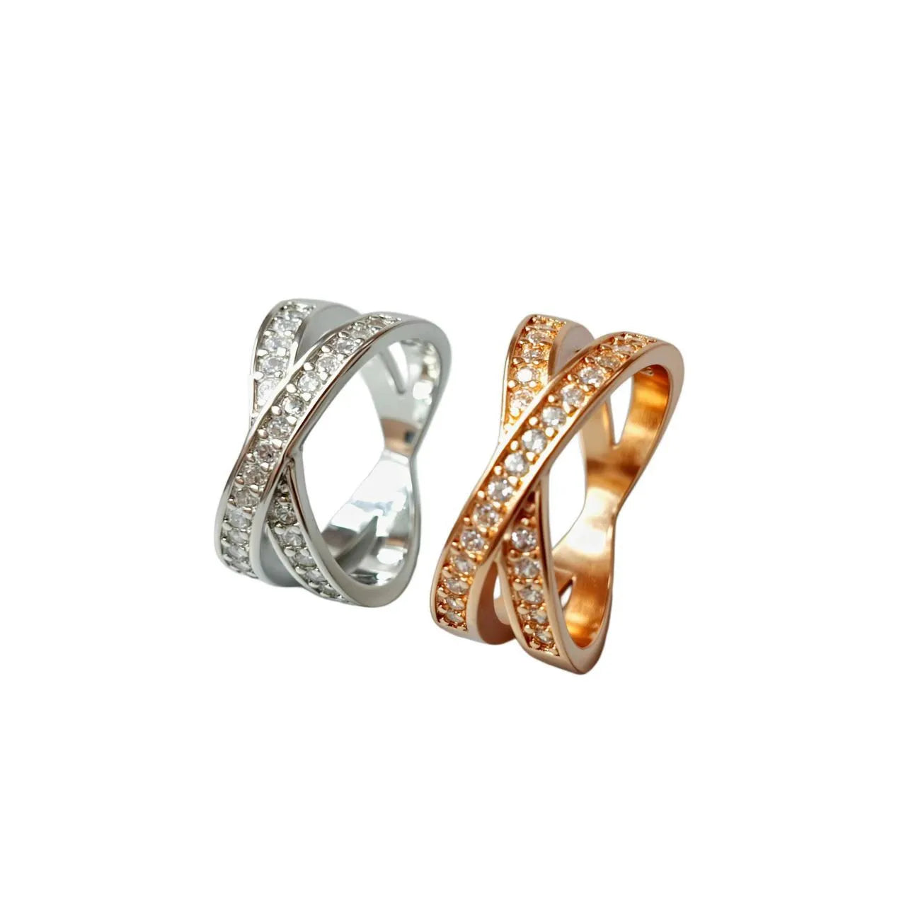 Metal cross ring with micro-inlaid zircon stones in silver and rose gold options