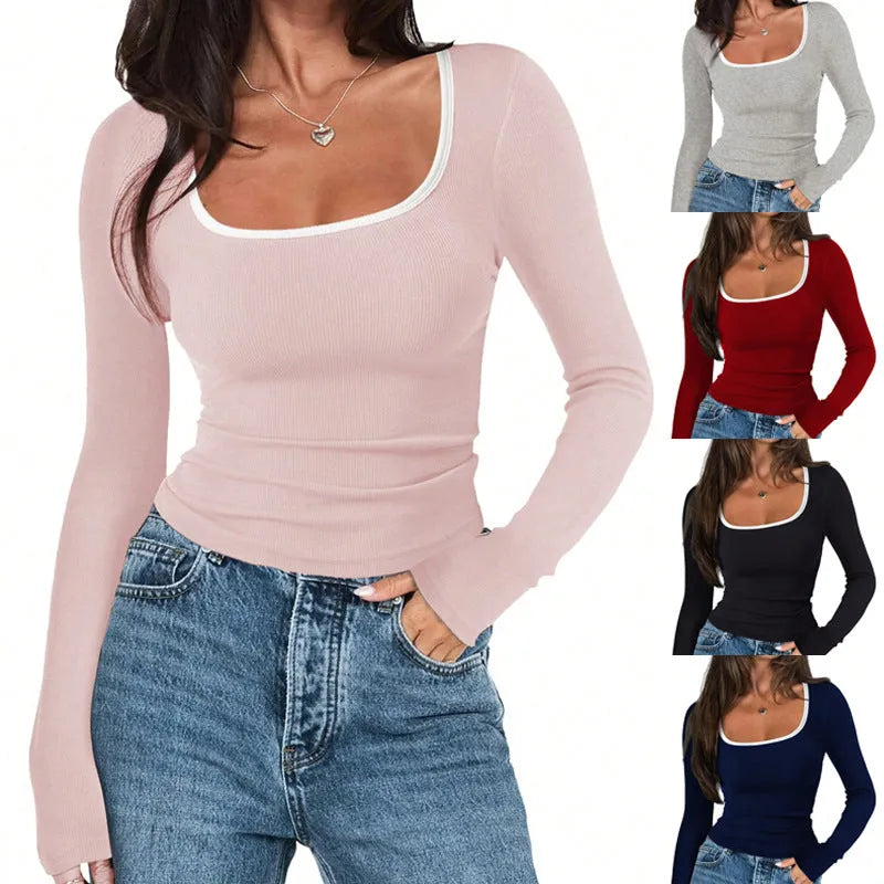 Women's square collar cotton pullover in slim fit with long sleeves in light grey colour