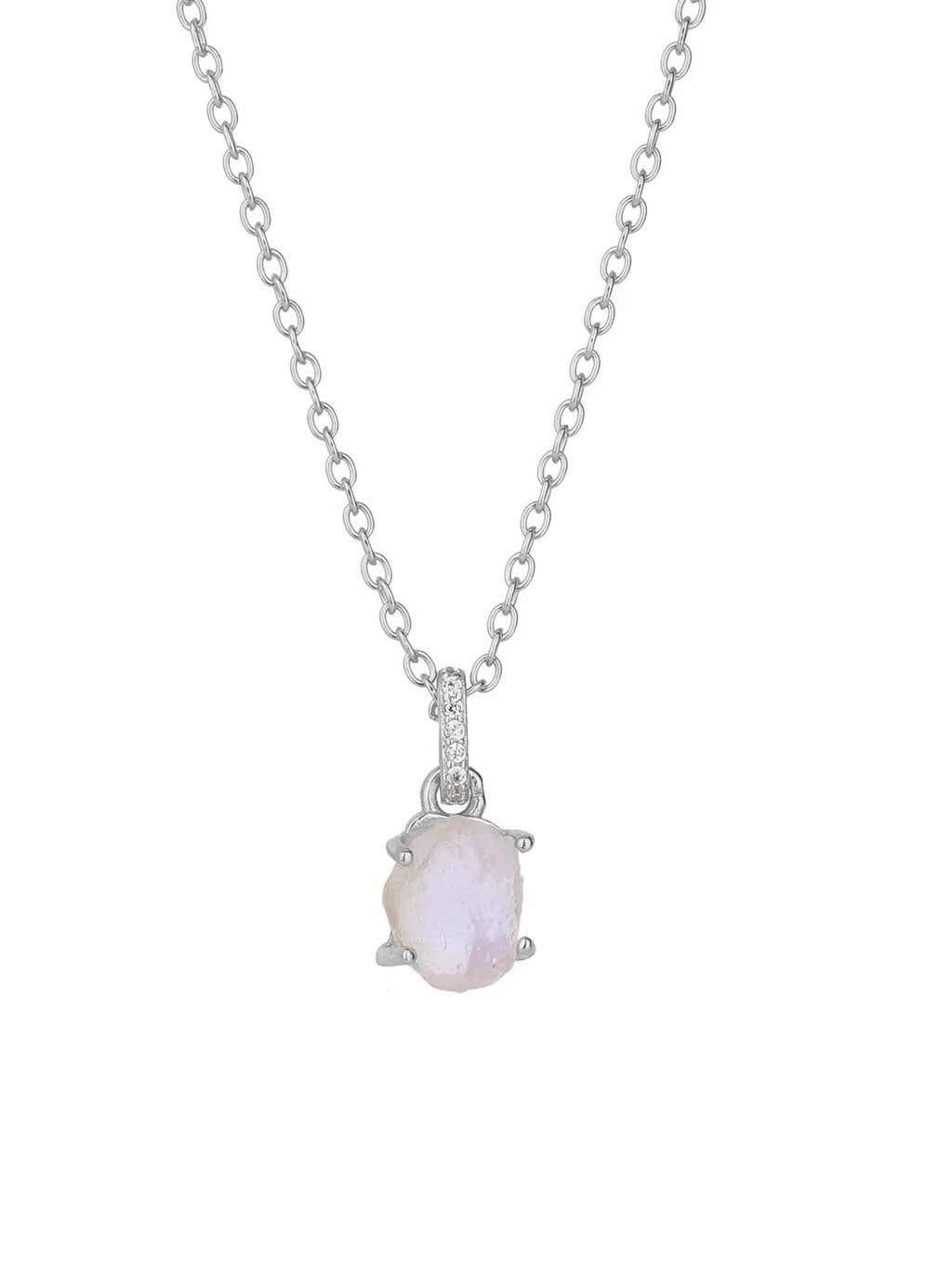 S925 sterling silver geometric moonstone pendant necklace with curb chain on white background