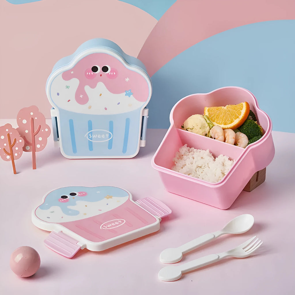 Pink and blue creative ice cream shaped plastic lunch box with bento compartments, spoon, and fork.