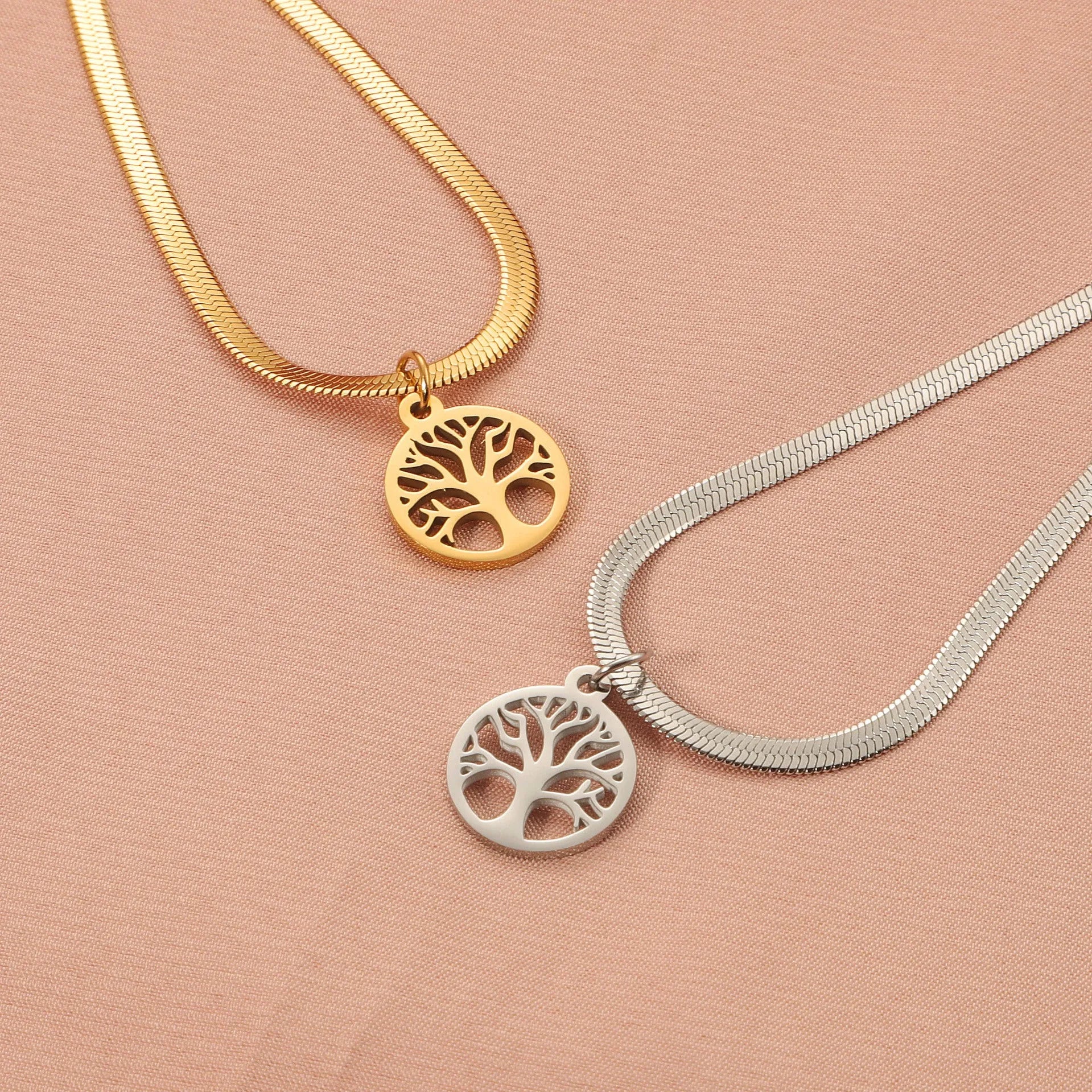 Stainless steel Lucky Tree clavicle chain with snake bones chain and adjustable 51-60cm length