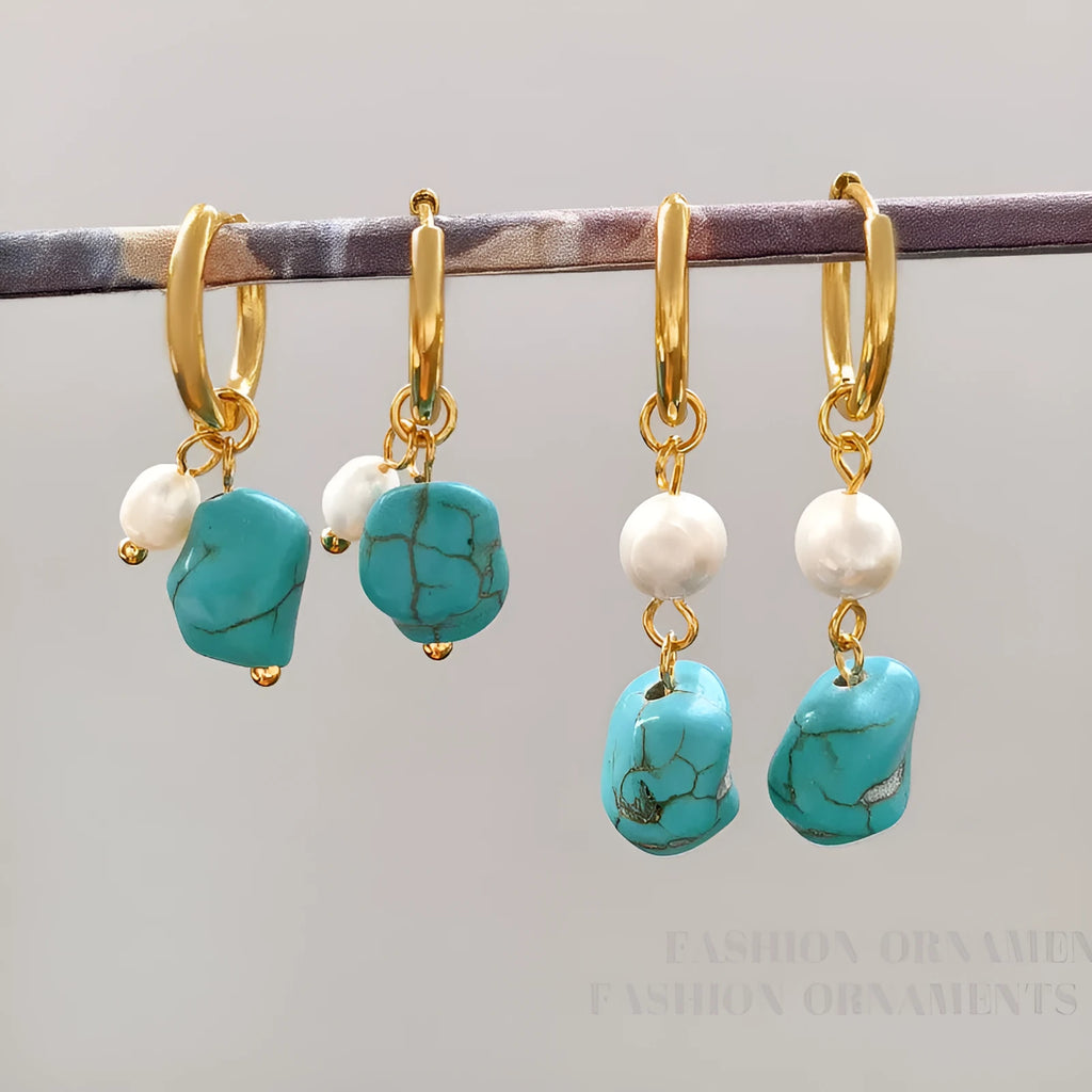 Geometric copper earring set with turquoise stones and cultured pearls, showing both clip and dangle styles