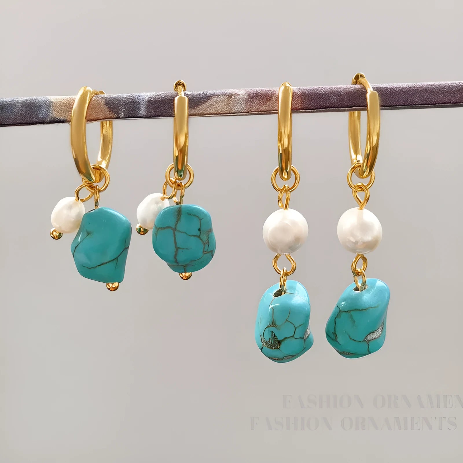 Geometric copper earring set with turquoise stones and cultured pearls, showing both clip and dangle styles