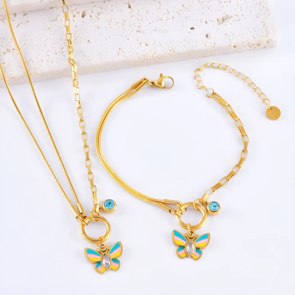 Gold titanium steel epoxy butterfly necklace and bracelet set with snake bones chain