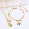 Gold titanium steel epoxy butterfly necklace and bracelet set with snake bones chain